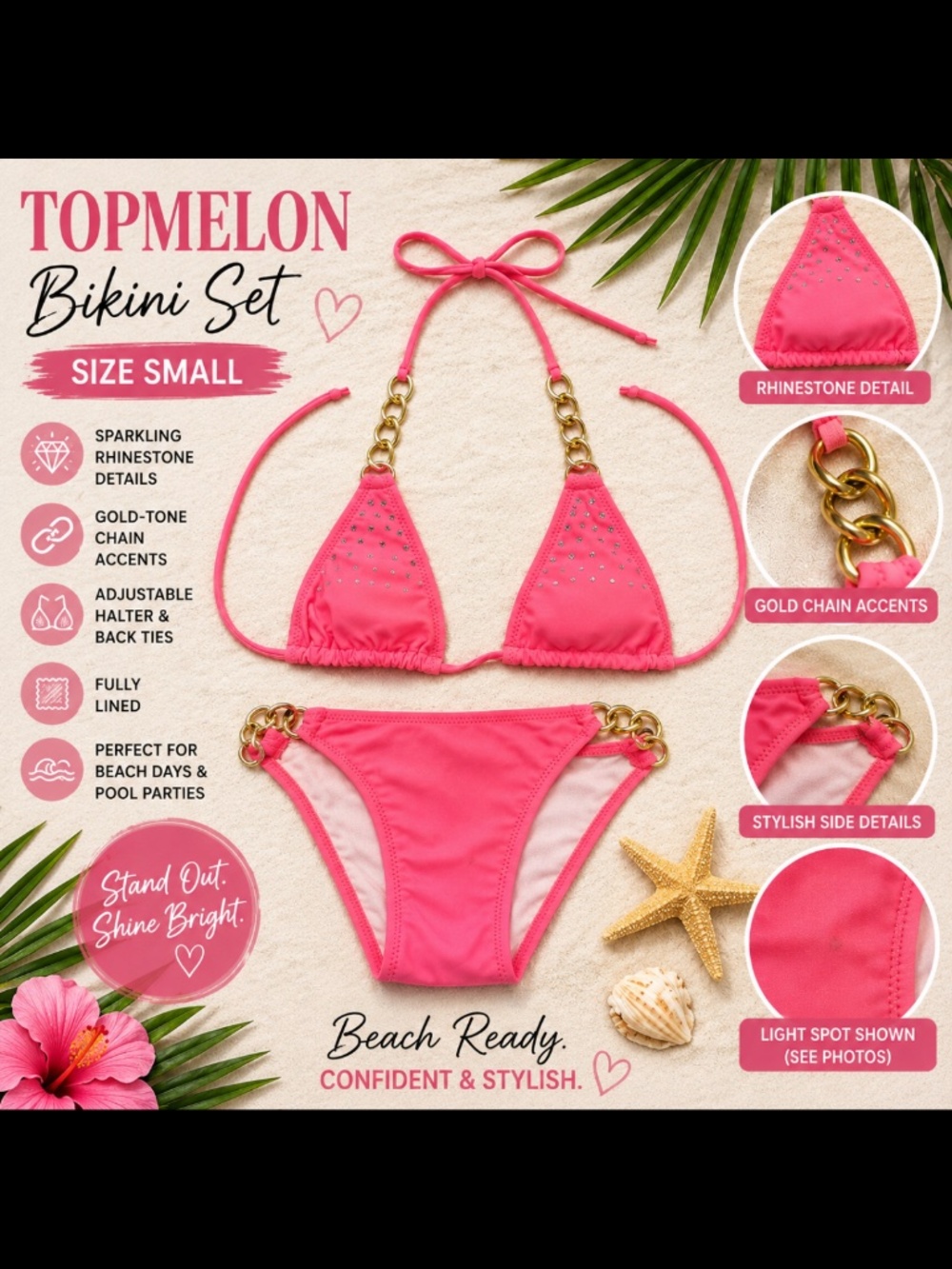 TopMelon Pink Rhinestone Chain Bikini Set Size Small